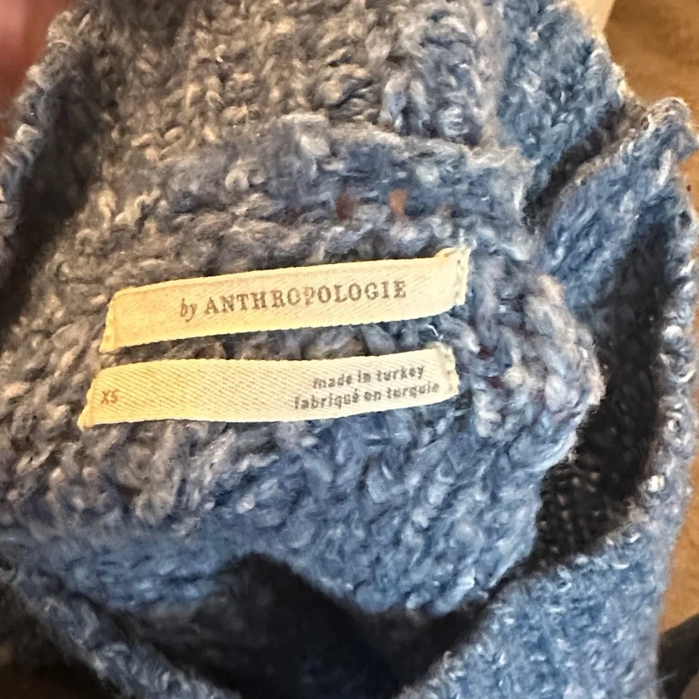 Anthropologie Heathered Blue Chunky Cable Knit Sweater with Floral Print Sleeves - Picture 5 of 5